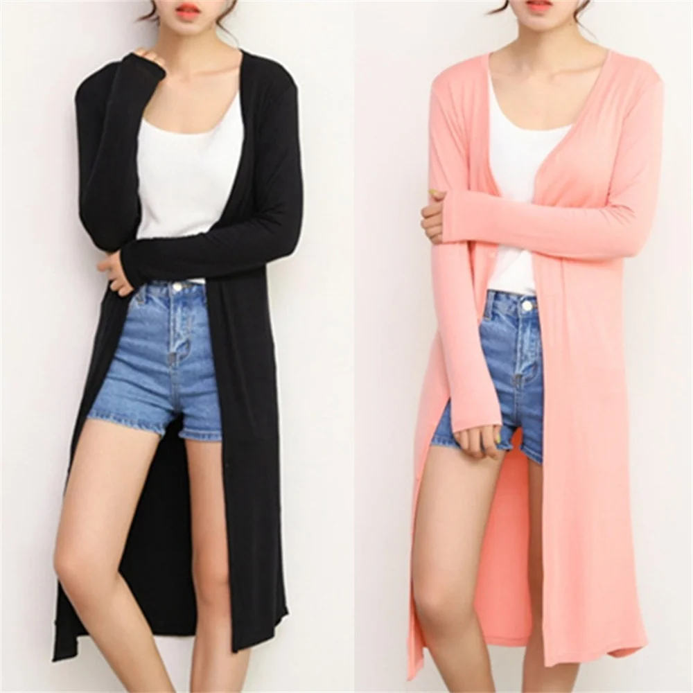Color: black, Size: One Size - Summer Autumn 12 Colors Women Modal Long Cardigan Female Cotton Sweater Cardigans Long Sleeve Women Casual Coat Ladies Outerwear