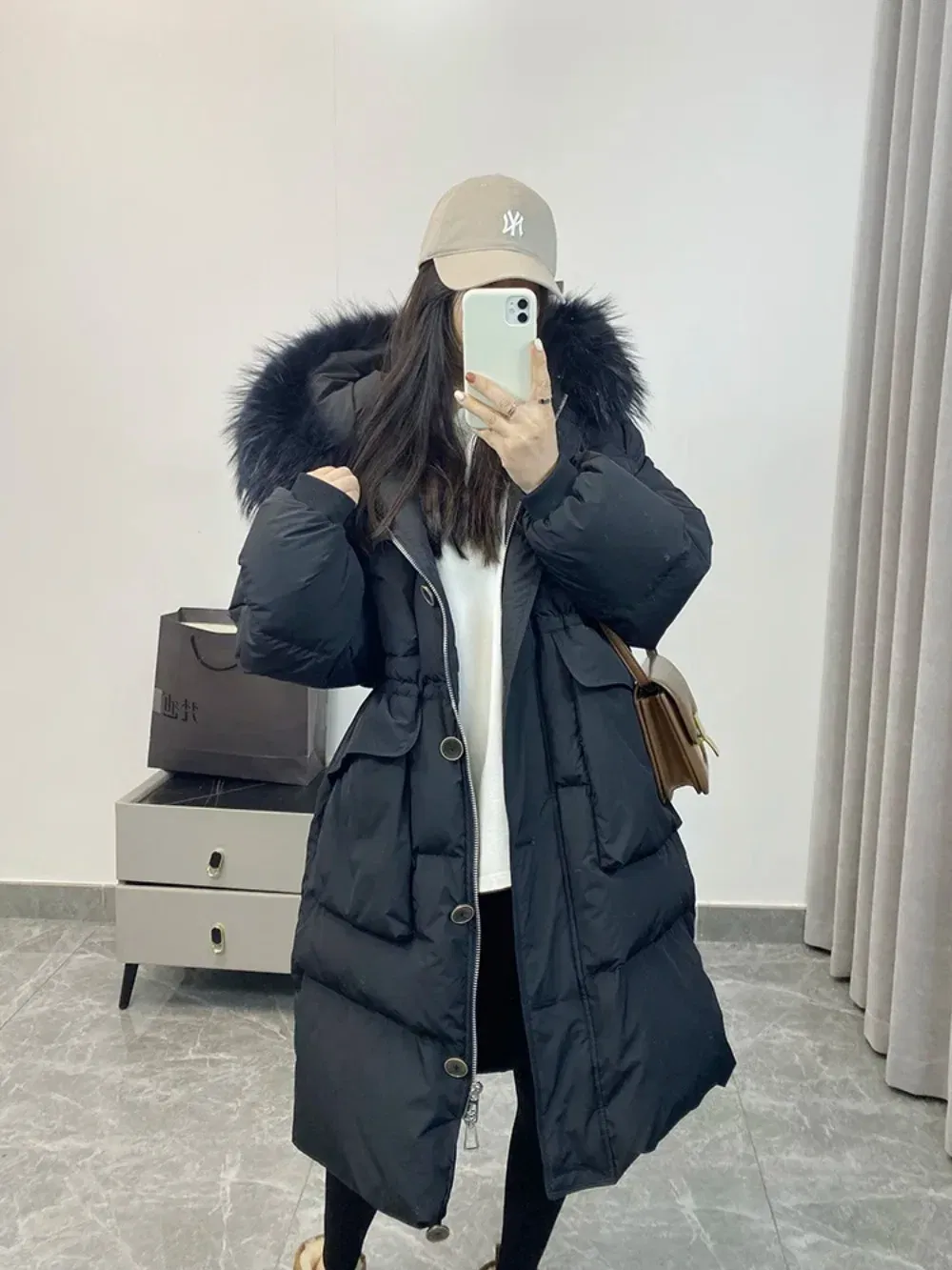 Color: RHODO, Size: S - Down Jacket Women Waterproof Winter Long Puffer Jacket 2024 Real Raccoon Fur Hooded Duck Down Coat Female Rain Feather Parkas