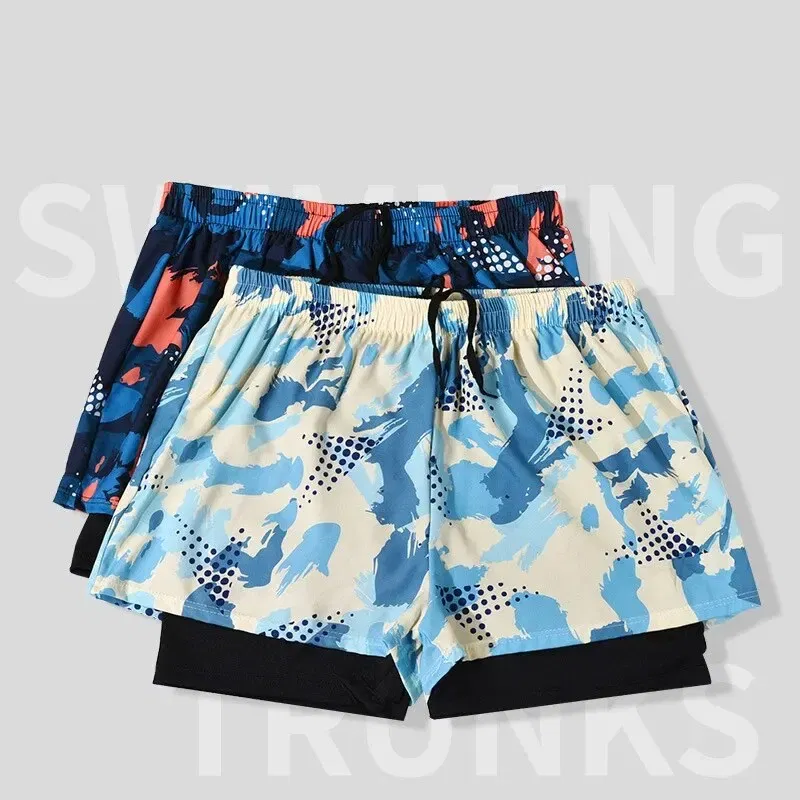 Size: XL, Color: Orange - Summer Men's New Quick-drying Double-layer Anti-embarrassment Loose Printed Adult Professional Swimming Trunks