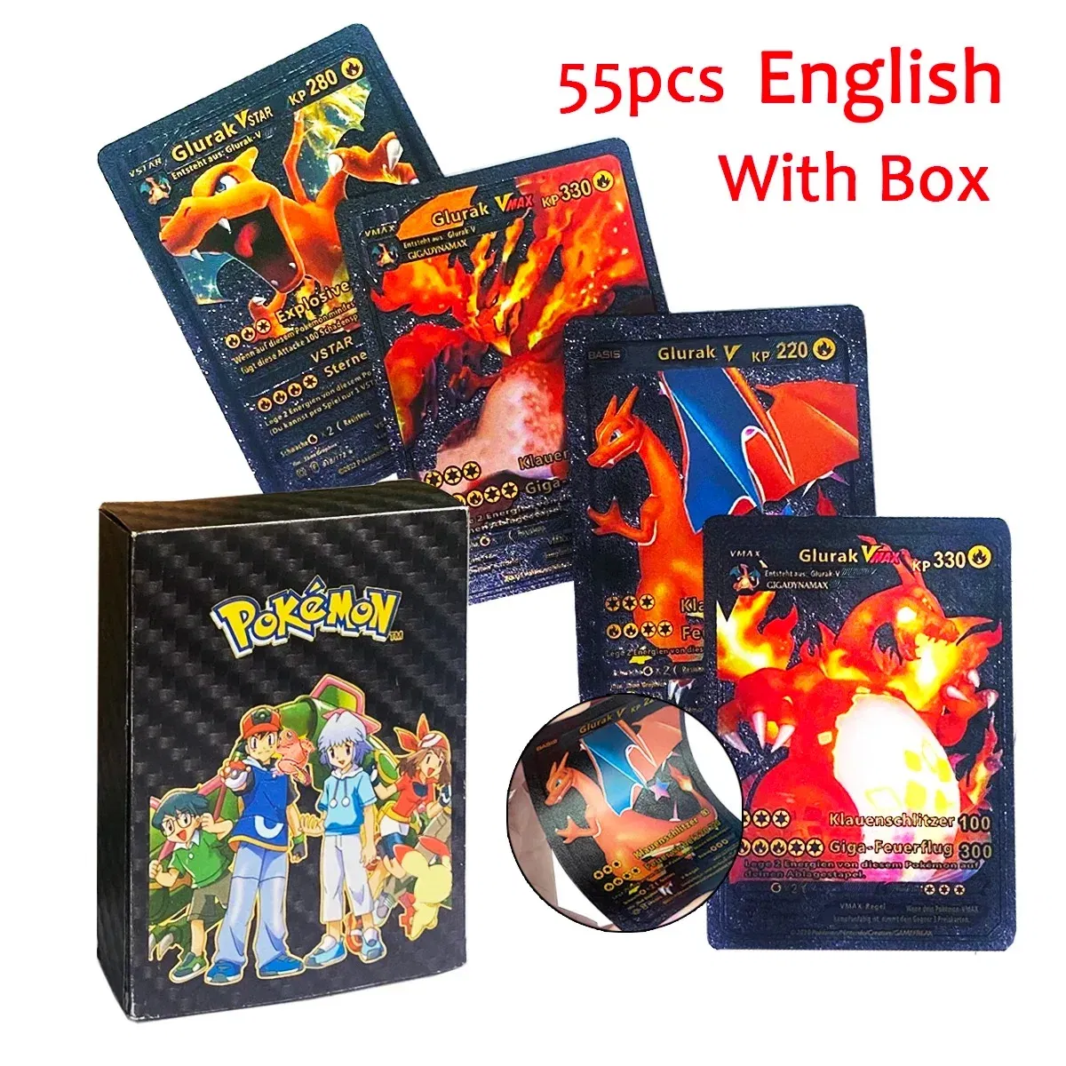 Color: DEEP BLUE - 55PCS Pokemon Colorful Gold Foil Card Charizard Pikachu Arceus Diamond Rainbow English French German Spanish VSTAR GX VMAX Cards