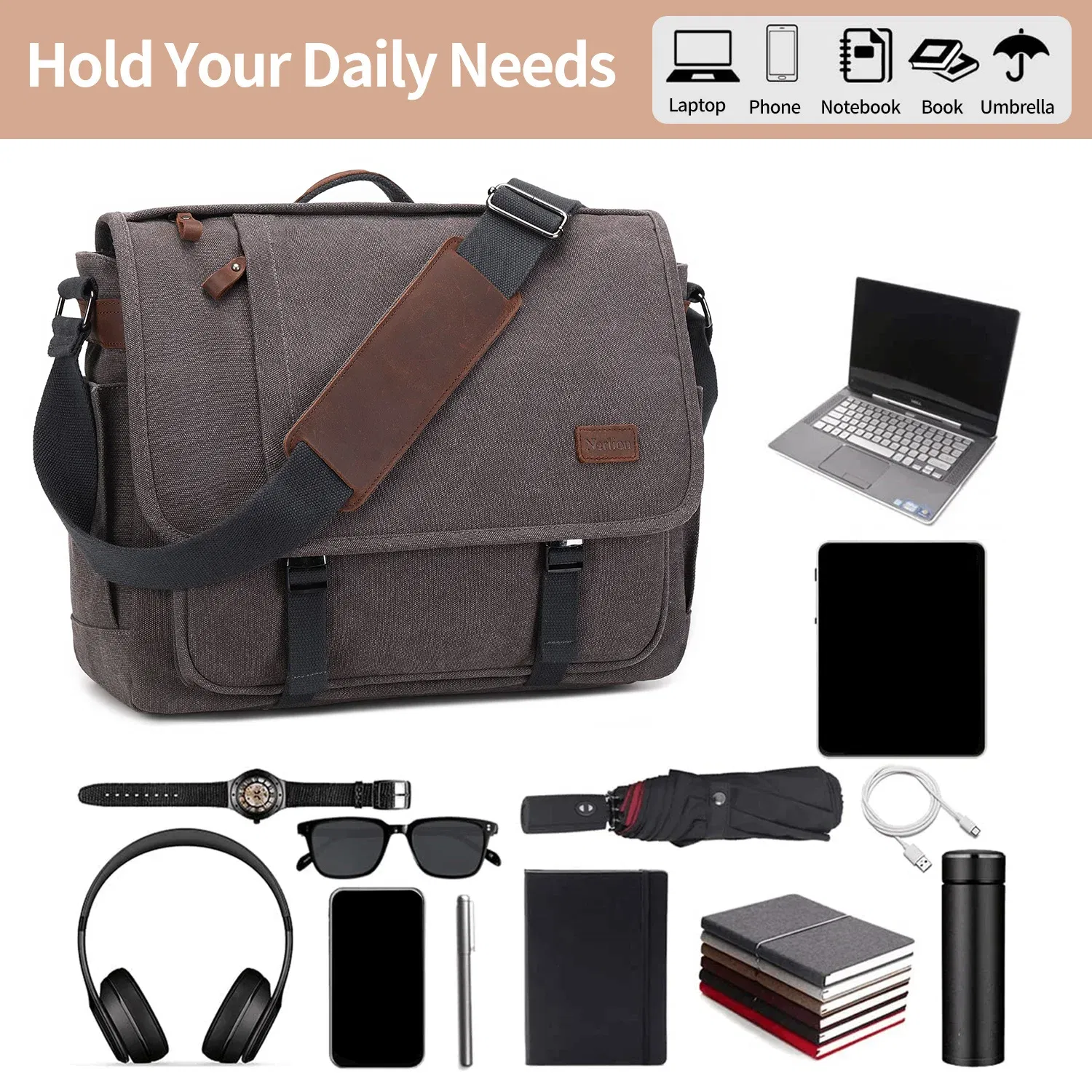 Color: GRAY - Waterproof Canvas Messenger Bag for Men, Messenger Bag ,Shoulder Bag, Casual Computer Bag, Business Bag, Crazy Horse Cowhide