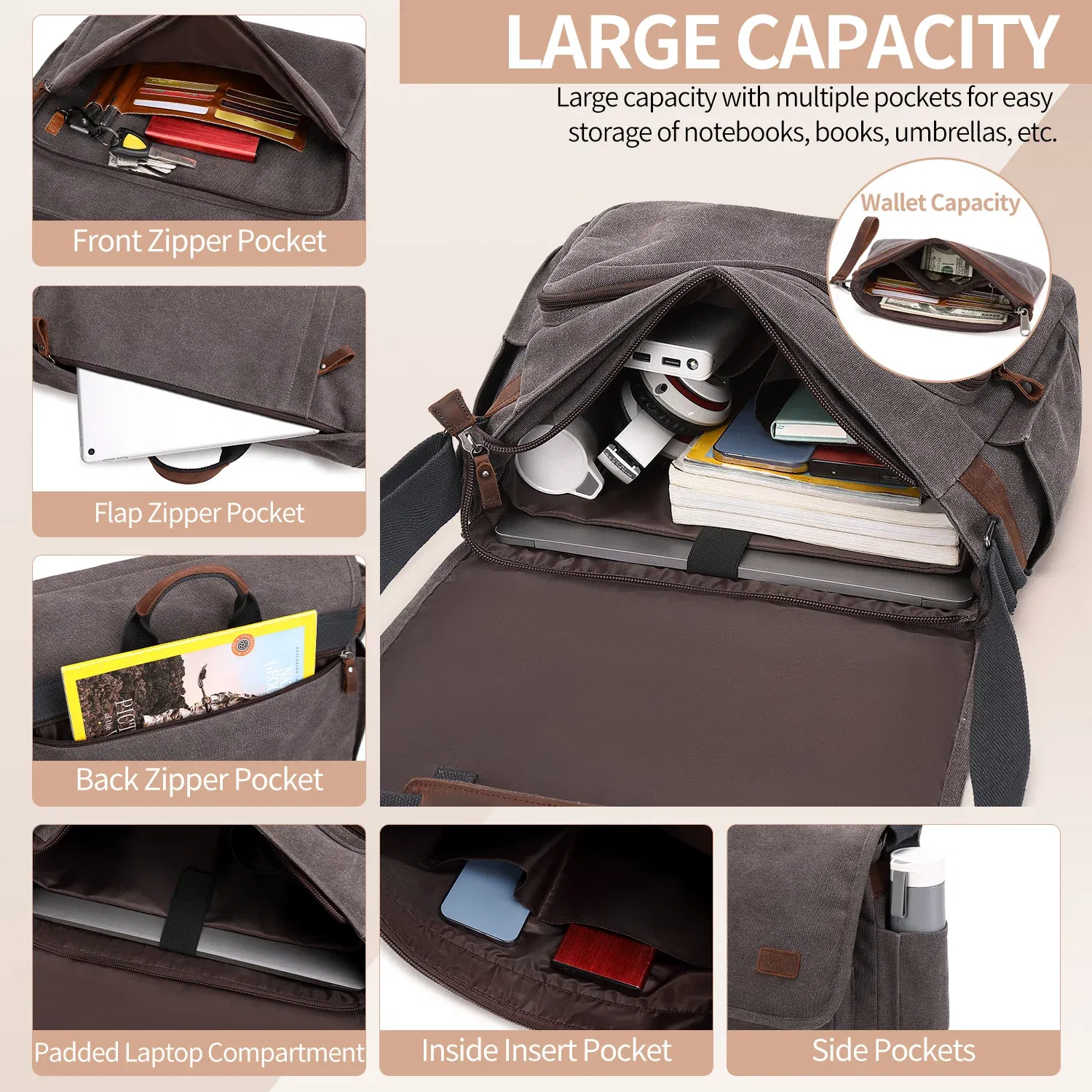 Color: GRAY - Waterproof Canvas Messenger Bag for Men, Messenger Bag ,Shoulder Bag, Casual Computer Bag, Business Bag, Crazy Horse Cowhide