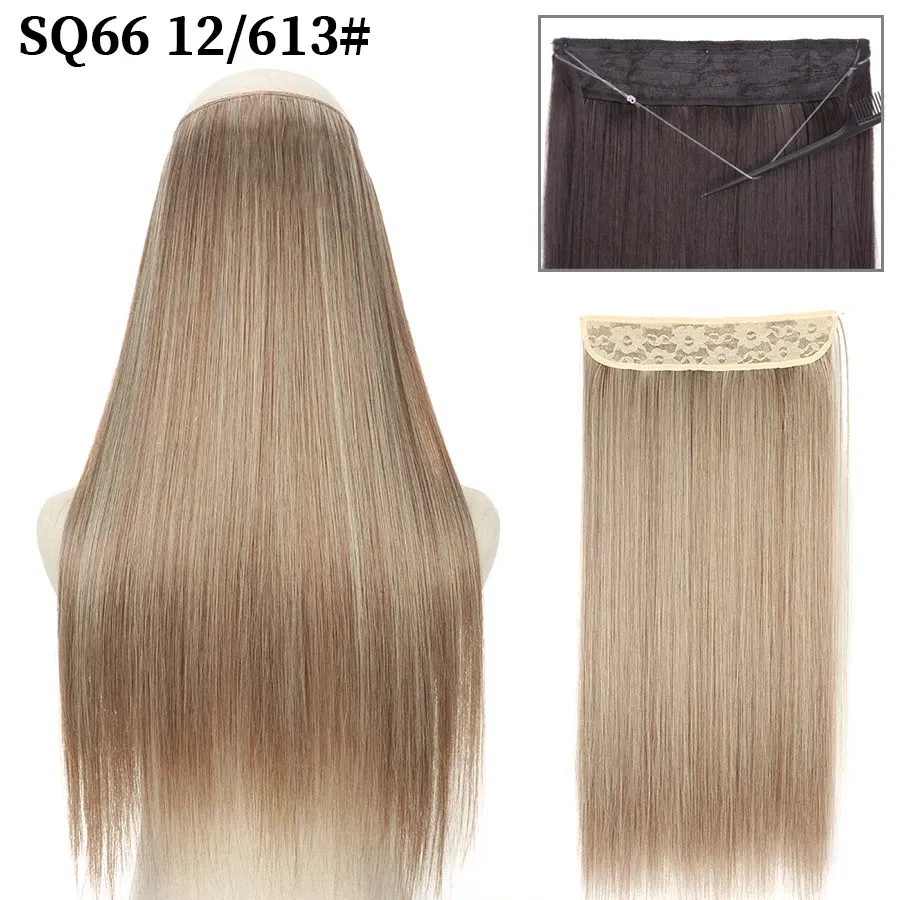 Color: #5, Stretched Length: 16inches, Ships From: CHINA - Synthetic Natural Wavy No Clip Fish Line Invisible Hair Extensions Mixed Color Blonde Black Artificial False Hair Piece ForWomen