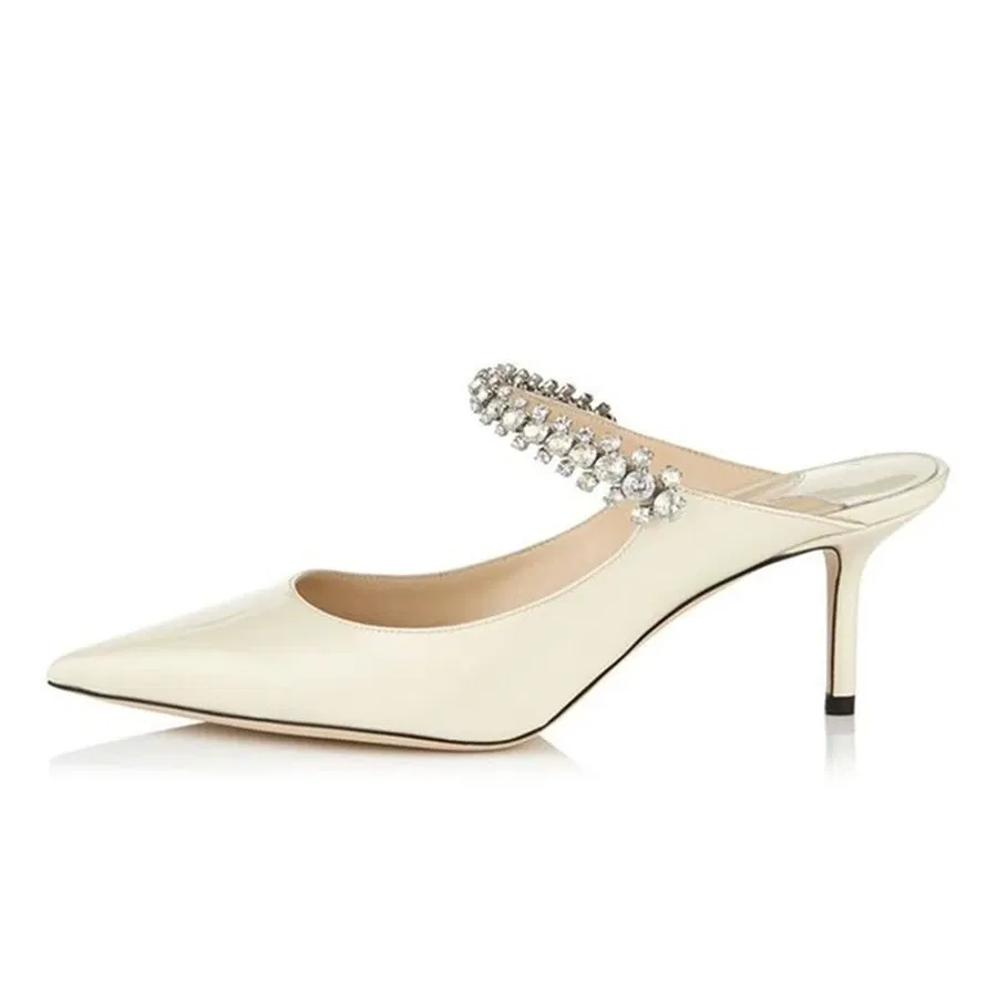 Color: WHITE, Shoe Size: 38, Ships From: CHINA - Elegant Leather Mules Pointed Toe Stylish Rhinestone Embellished High Heel Sandals Sophisticated Party Evening Shoes Footwear