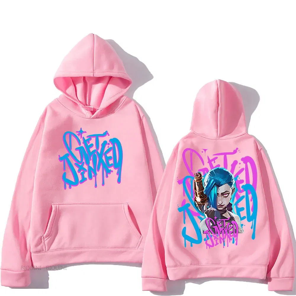 Color: GRAY, Size: L - Arcane Jinx Cute Hooded Anime Print Harajuku Kawaii Sweatshirt Long-sleeved Cartoon Fleece Clothes Moletom Fashion Pullovers
