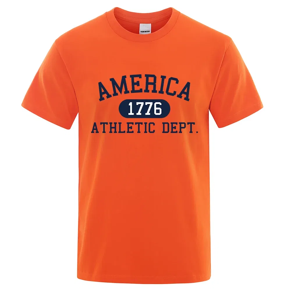 Color: Blue, Size: S - America 1776 Athletic Dept Letter Tshirt Man Fashion Tee Clothes Summer Luxury T-Shirt Hip Hop Breathable Cotton Tee Clothes