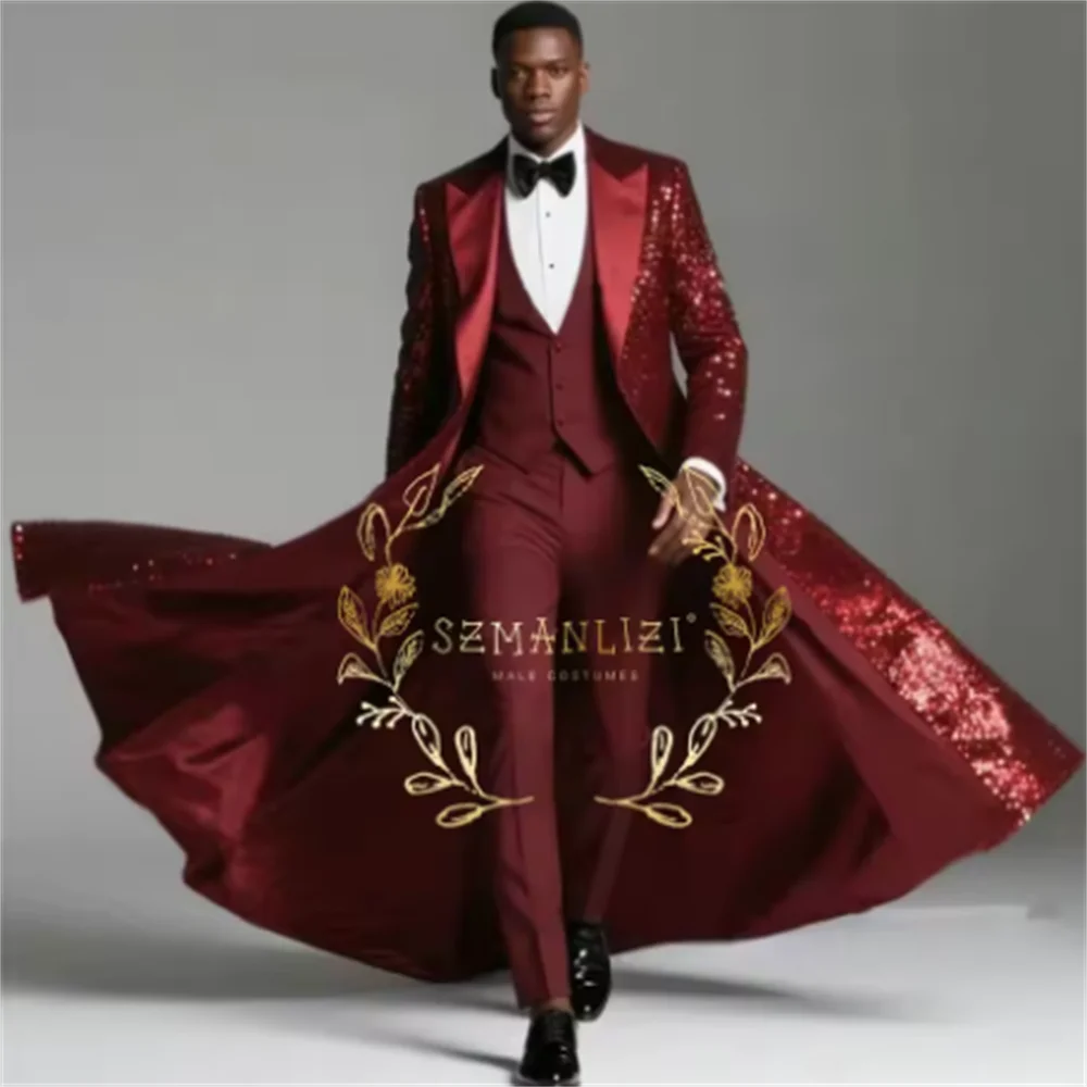 Color: Pink, Size: XXXL - Burgundy Shiny Sequin Suits Men 3 Pieces Sets Single Breasted Groom Long Blazer Costume Homme Wedding Tuxedo Male Clothing