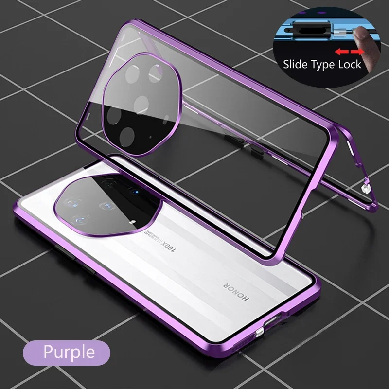 Color: PURPLE, Material: Vinyl - Double Sided Glass Magnetic Metal Snap Lock Phone Case For Honor Magic 4 5 Ultimate 6 Lite 7 Pro Lens Protection Cover Cases