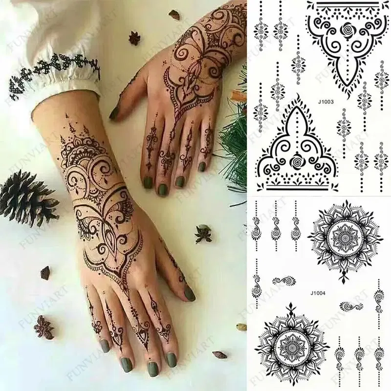 Color: NUDE, Ships From: CHINA - Black Henna Temporary Tattoos for Women Lace Flower Mehndi Sticker for Hand Fake Henna Tattoo Sticker Body Art Hena Tatoo