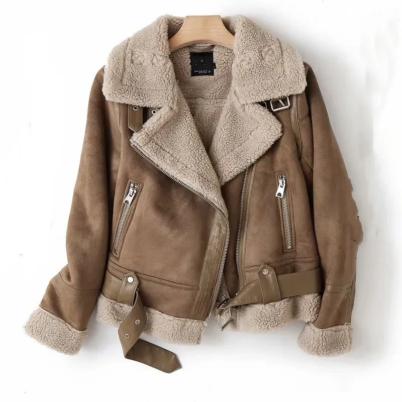 Lapel Jacket Suede Lamb Wool Warm Coat Motorcycle