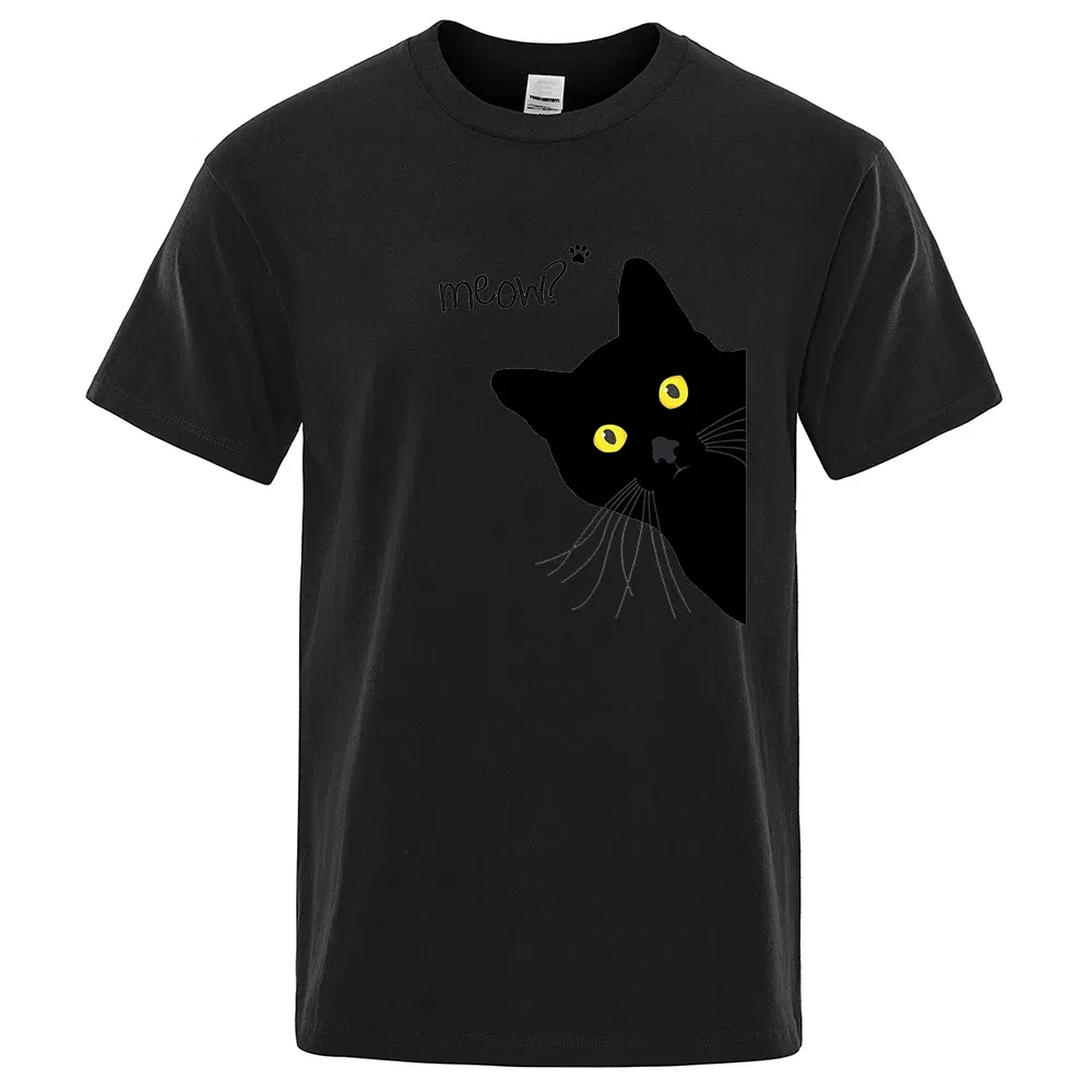 Color: Beige, Size: M - Meow Black Cat Funny Printing Men T-Shirts Breathable Tee Clothes Summer Streetwear Tops Oversized Loose Cotton Short Sleeve