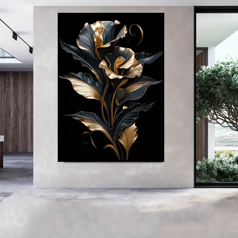Black & Golden Floral Canvas Art  Frameless Wall Decor