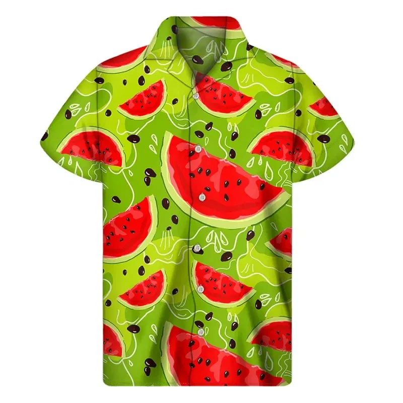 Color: Pink, Size: M - Tropical Watermelon Graphic Hawaiian Shirt Summer Street Short Sleeves 3d Printed Fruits Button Shirts Men Clothes Lapel Blouse