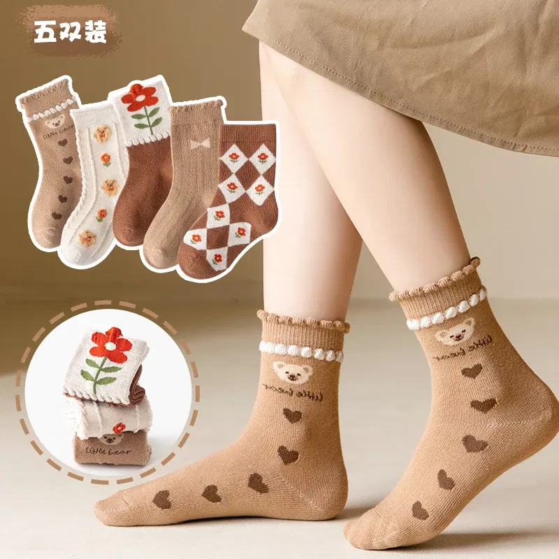 Color: Dark Grey, Size: 2-3T - Kids Socks Warm Cotton Autumn Spring Socks Girls Calf Length Coffee Khaki Bear Socks Baby Sock