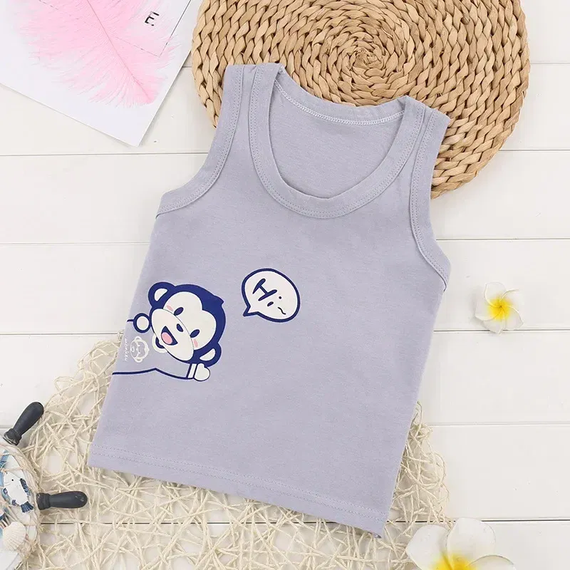 Color: GRAY, Kid Size: 6 - Summer Kids Tops Clothes Tank Sleeveless Breathable Cotton Children T-shirt Vest Top Clothing Outfit Cartoon Boys Girls 0-7Years