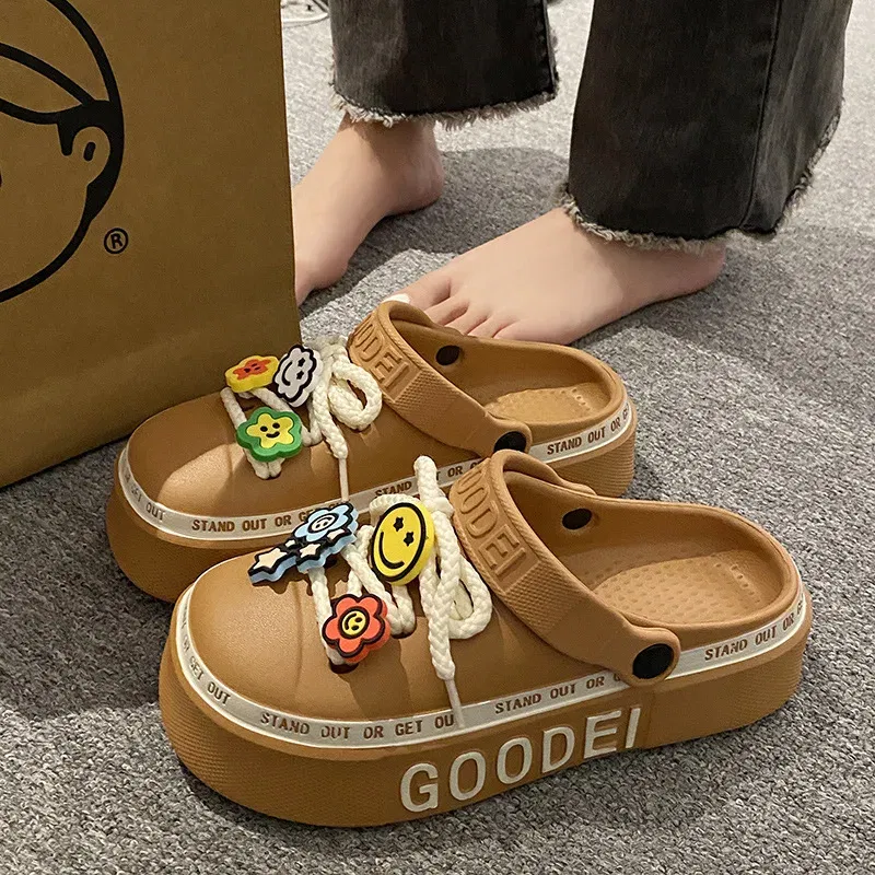 Color: Beige, Shoe Size: 3 - Women Sandals 2024 New Arrival Elegant Clogs Fashion Street Beach Slides Height Increasing Slippers For Girls