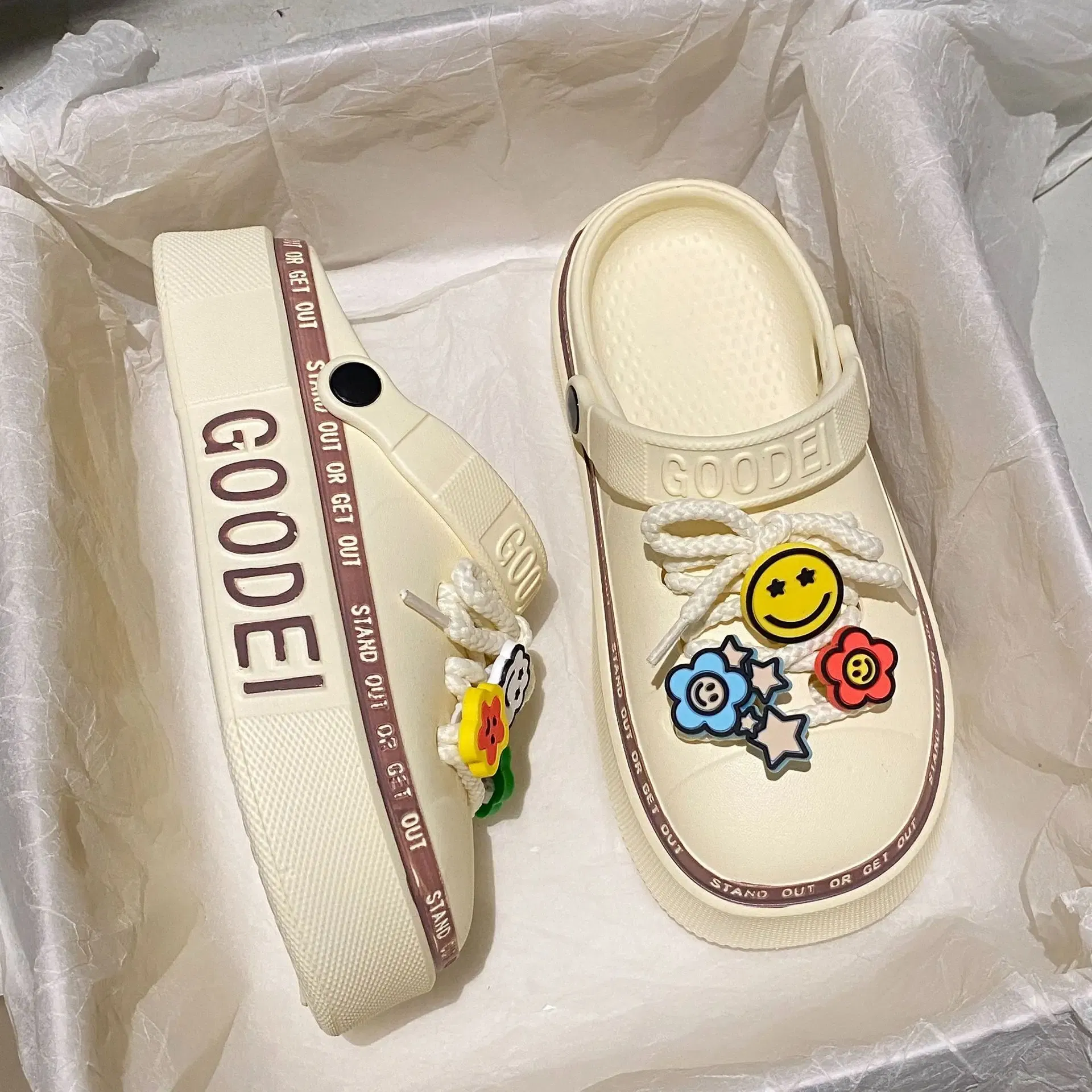Color: Beige, Shoe Size: 3 - Women Sandals 2024 New Arrival Elegant Clogs Fashion Street Beach Slides Height Increasing Slippers For Girls