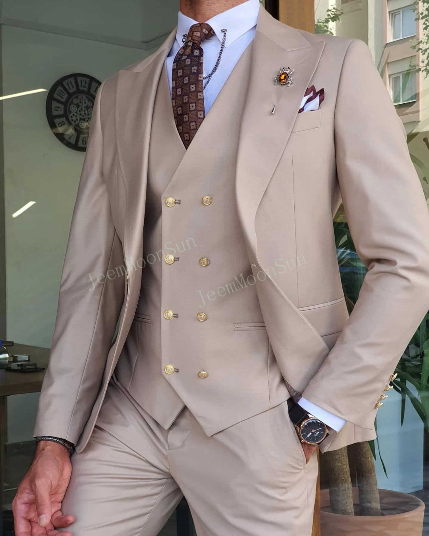 Color: Khaki, Size: One Size, Ships From: CHINA - 3 Pieces New White Men's Suit 2022 Peak Lapel Slim Fit Casual Tuxedos Groom Tailor Made Terno Masculino (Blazer+Pants+Vest)