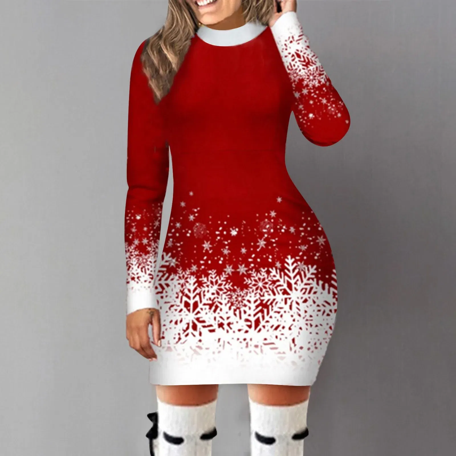 Color: Red, Size: L, Ships From: CN - Women's Christmas Dress Hip Wrap Slim Fit Autumn Winter 2024 Dresses Round Neck Snowflake Printed Long-sleeved Party Clothes