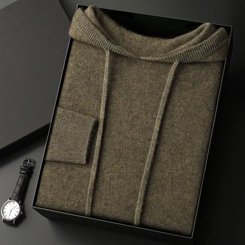 Color: army green, Size: M - Yoyoselect Men's 100% Cashmere  Luxury Sweater Hoodie Autumn Winter Thick Warm Hooded Pullover Casual Smart Jumpers Knitwear Top