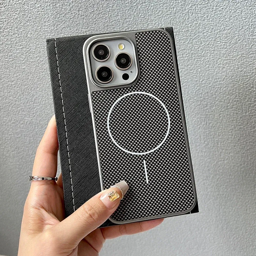 Color: black, Compatible-Phone Models: For iPhone 13 Pro Max - Carbon Fiber Textured Magnetic Phone Case For iPhone 16 Pro Max 15 14 13 12 Shockproof Soft Cover For Magsafe Wireless Charging