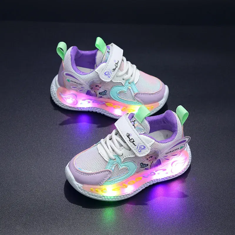 Color: Pink, Shoe Size: 17 - Disney Children Led Shoes Kids Girls Sneakers Frozen Elsa Princess Lighting Shoes Pink Purple Casual Sports Shoes Size 21-31