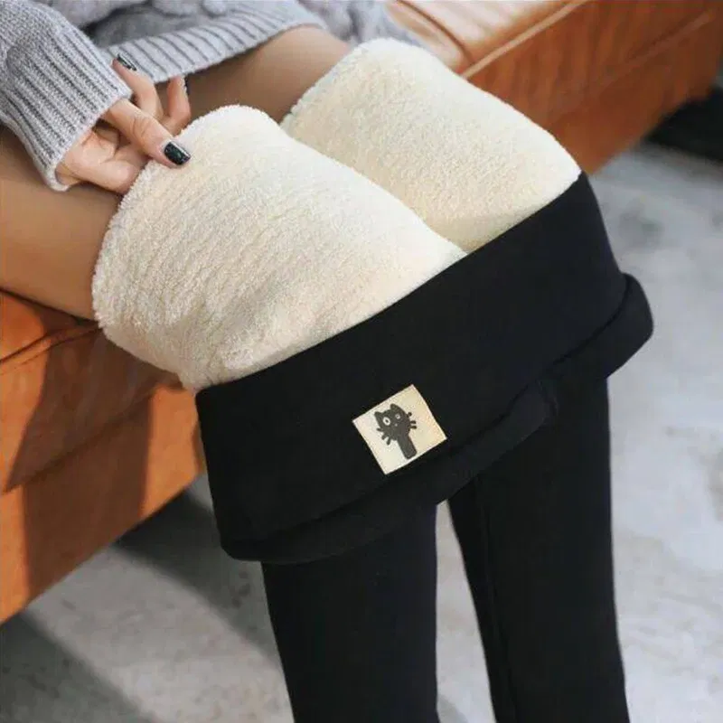 Color: Beige, Size: M - Winter Women Leggings Solid Warm Leggings Thicken Lambwool Hight Waist Fleece Keep Butt Lift High Stretchy Walking Pants Pocket