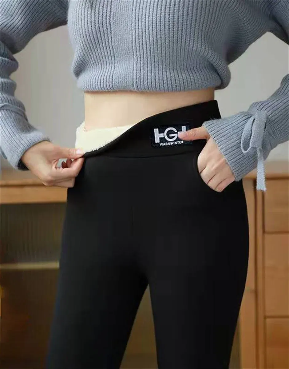 Color: Beige, Size: M - Winter Women Leggings Solid Warm Leggings Thicken Lambwool Hight Waist Fleece Keep Butt Lift High Stretchy Walking Pants Pocket