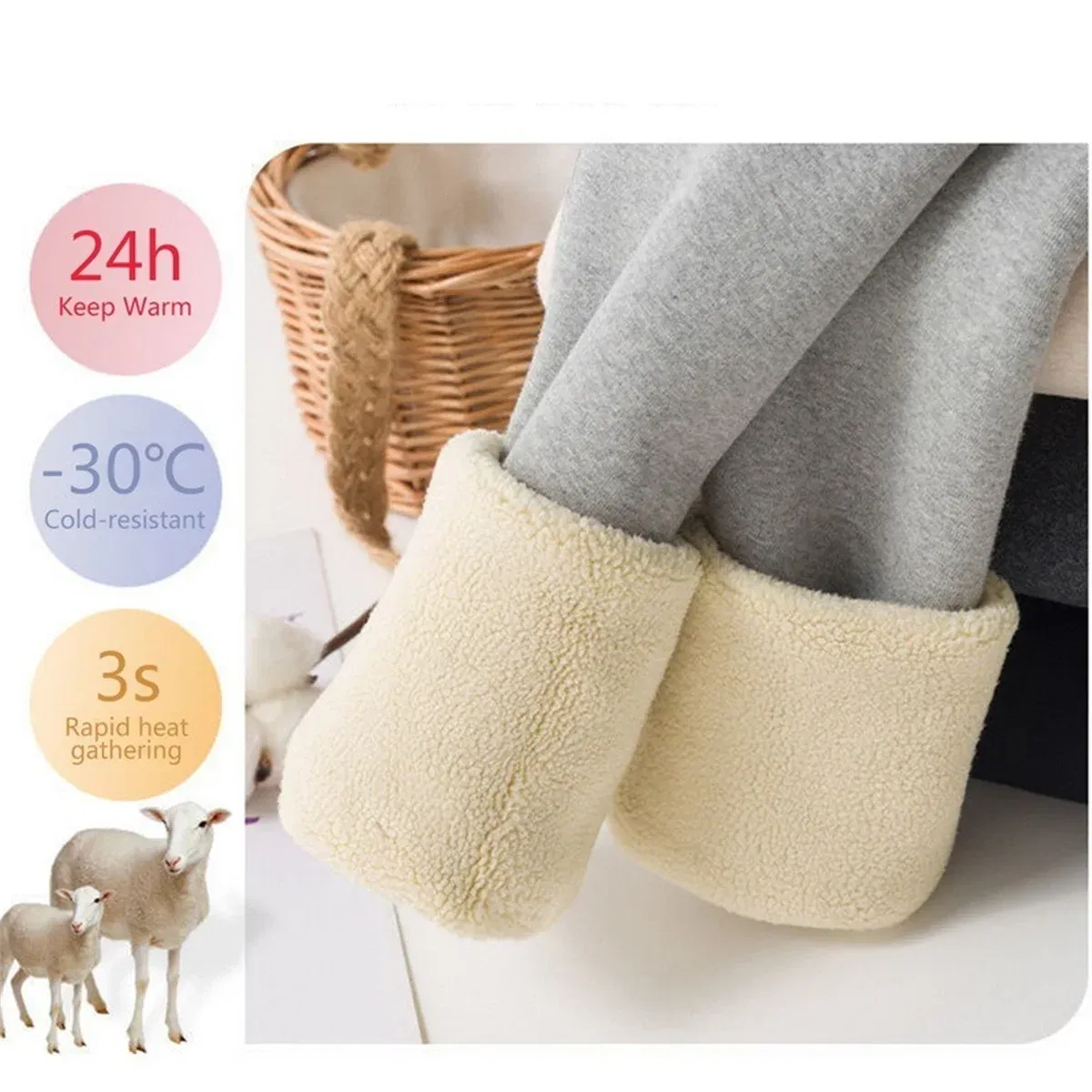 Color: Beige, Size: M - Winter Women Leggings Solid Warm Leggings Thicken Lambwool Hight Waist Fleece Keep Butt Lift High Stretchy Walking Pants Pocket