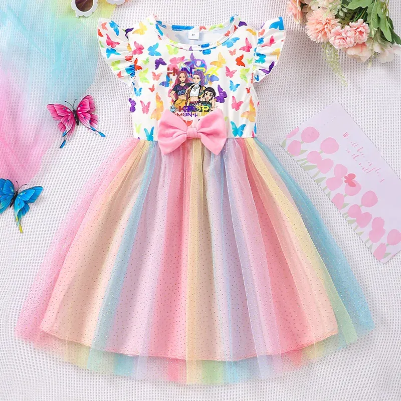 Color: Fuchsia, Size: One Size, Ships From: CHINA, Height: 164 - KPop Demon Hunter Christmas Princess Dress Girl Fashion Casual Autumn Butterfly Dress Wedding Birthday Party Dress Gift Clothes