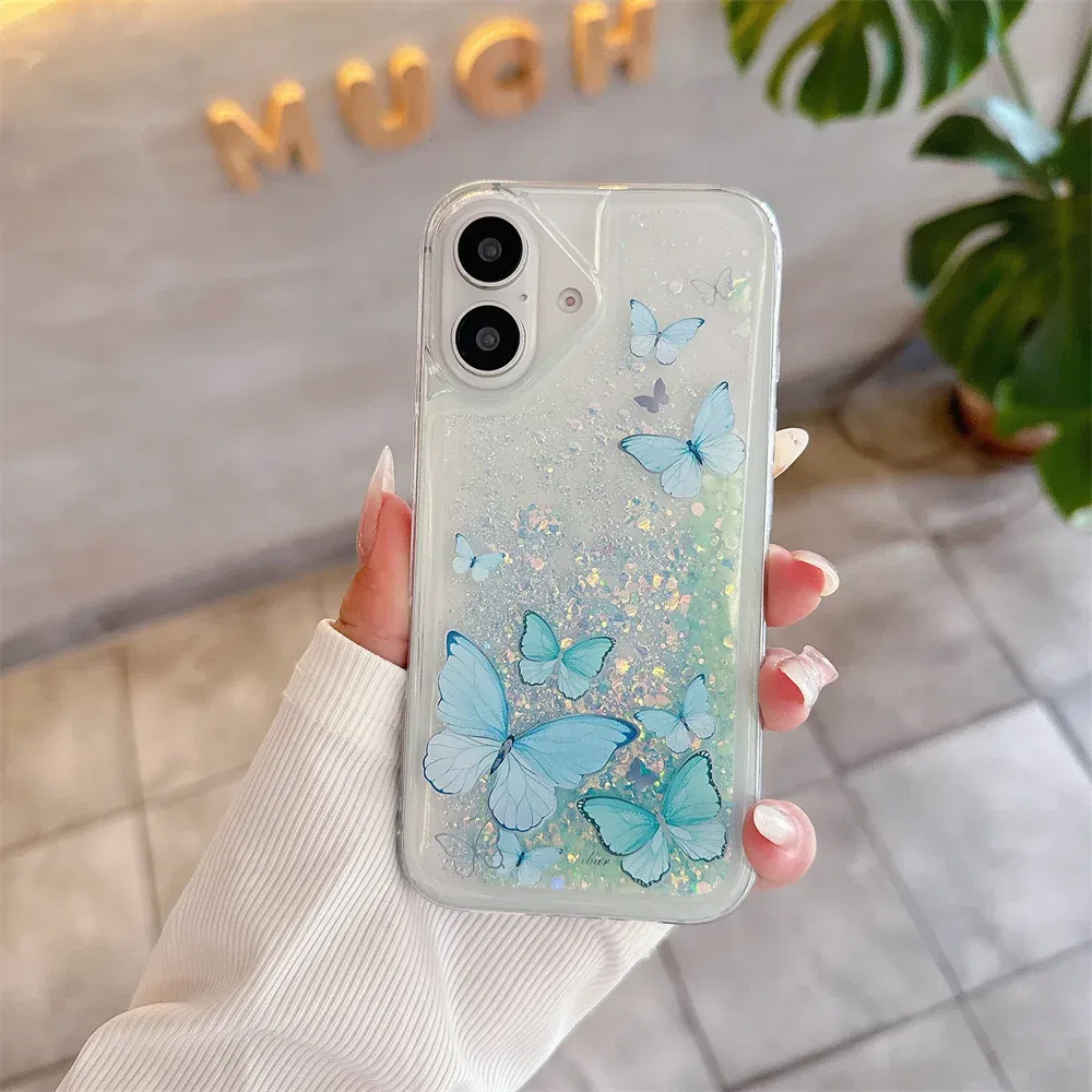 Color: Blue, Material: PP - Luminous Quicksand Glitter Butterfly Case for iPhone 16 15 14 Pro Max Plus 13 12 Mini 11 X Xs XR Soft Silicone Bling Shiny Cover
