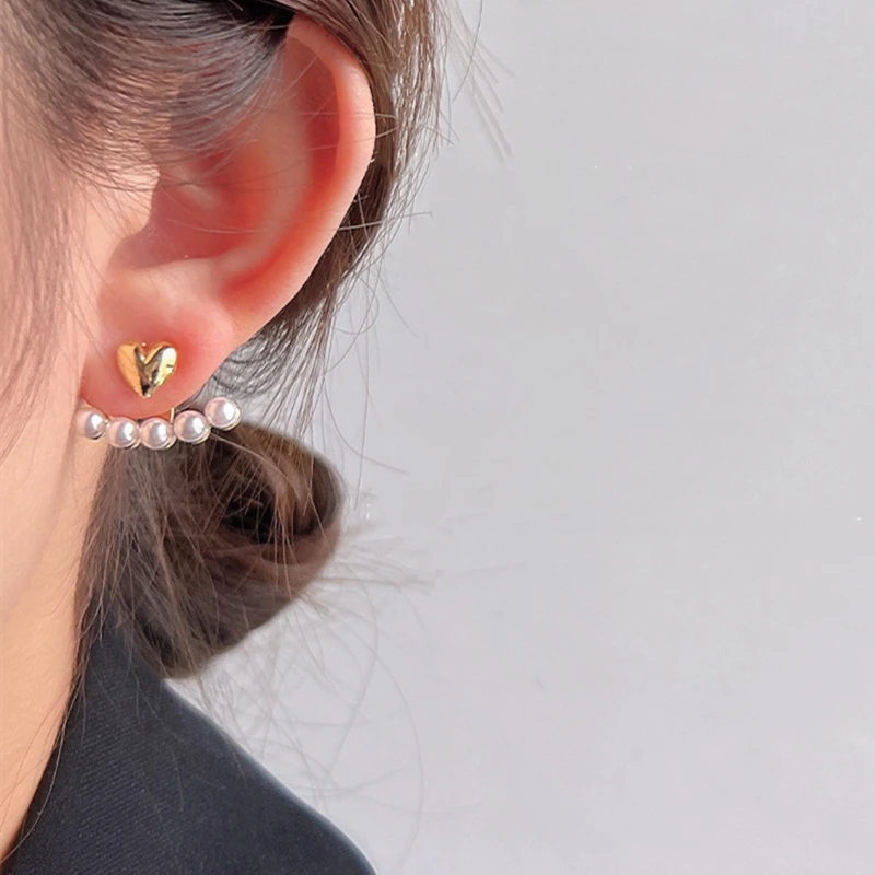 Metal Color: Gold-color - Imitation Pearl Stud Earrings For Women Alloy Heart Double Sides Back Post Hanging Ear Cuff Valentine's Day Jewelry Girl Gift