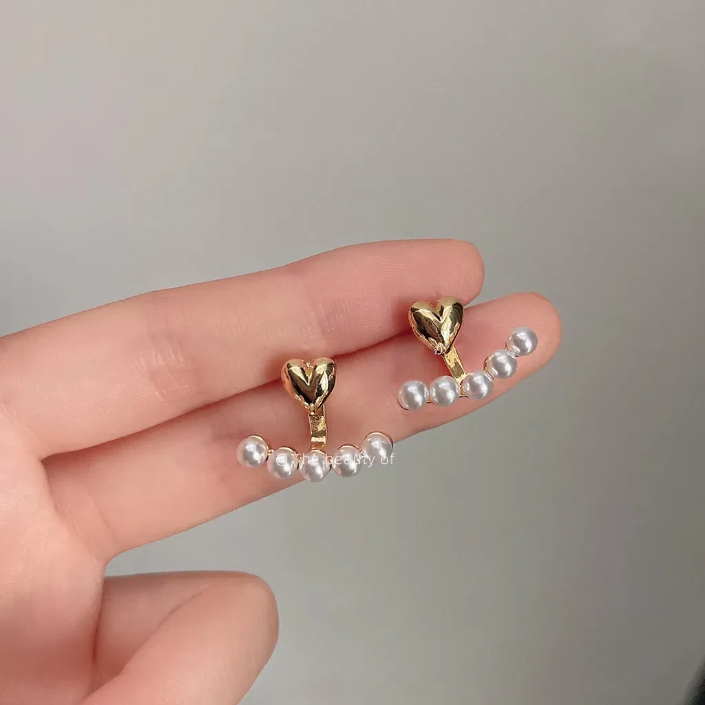 Metal Color: Gold-color - Imitation Pearl Stud Earrings For Women Alloy Heart Double Sides Back Post Hanging Ear Cuff Valentine's Day Jewelry Girl Gift