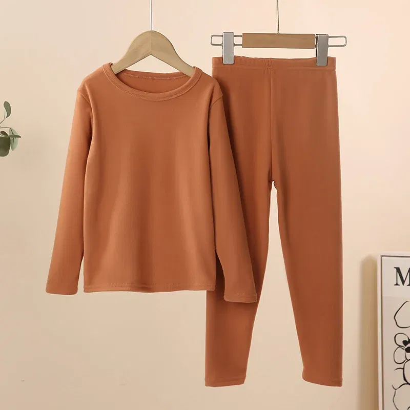 Color: Brown, Kid Size: 15 - 2-Piece Children's Thermal Underwear Suit boys' Autumn Clothes And Trousers Padded Cotton Sweater Girls' Casual Joker Home Cloth