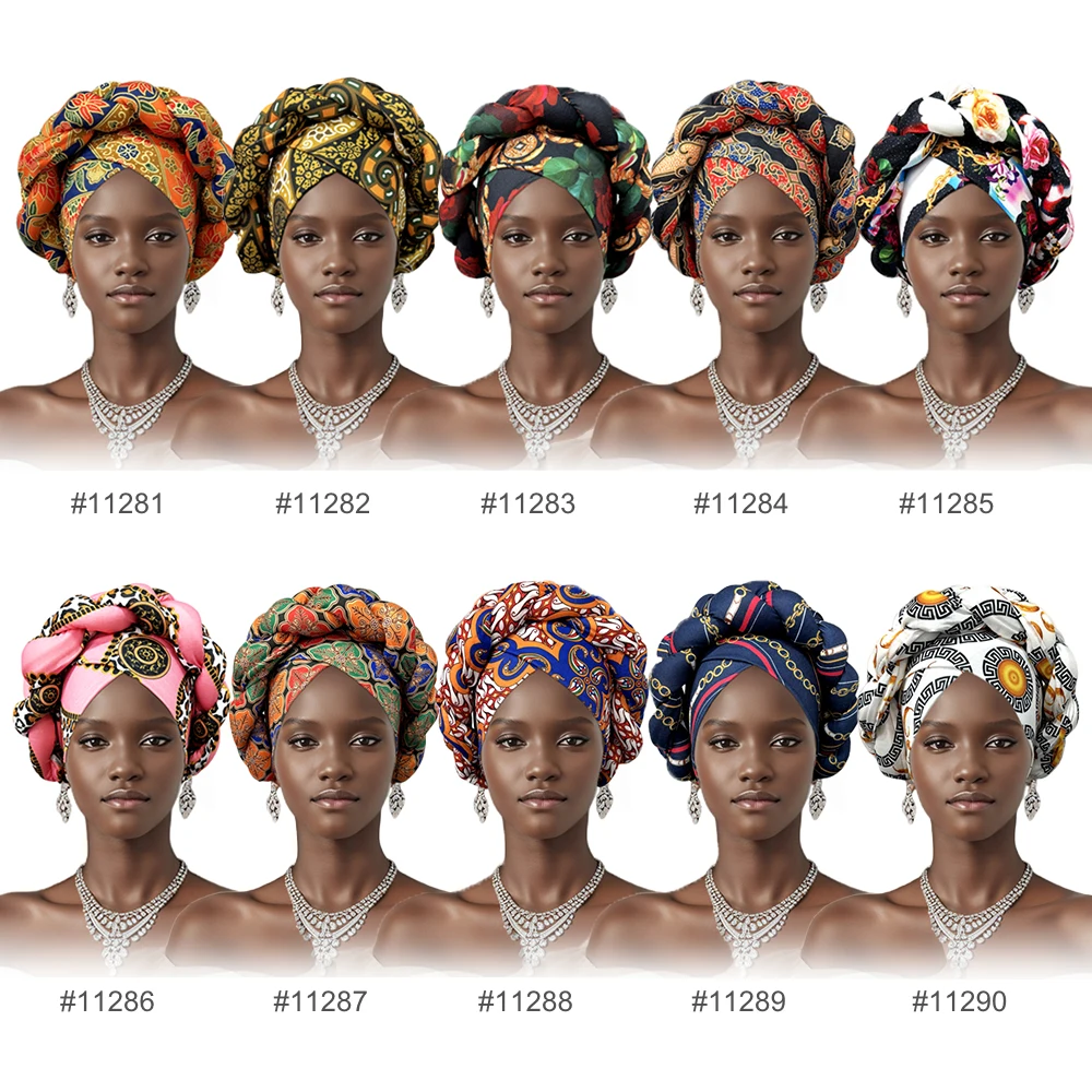 Color: Army Green - African Headtie Bonnet Hat Turban for Women Muslim Head Wrap Nigerian Scarf Braid Hijab Femme Chemo Caps Cover