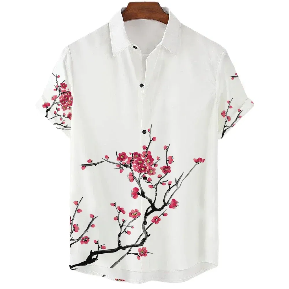 Color: Khaki, Size: 4XL - Fashionable Luxury Social men's Shirt Lapel button-down Shirt Casual Japanese Aesthetic Cherry Blossom Print short-sleeved Tops