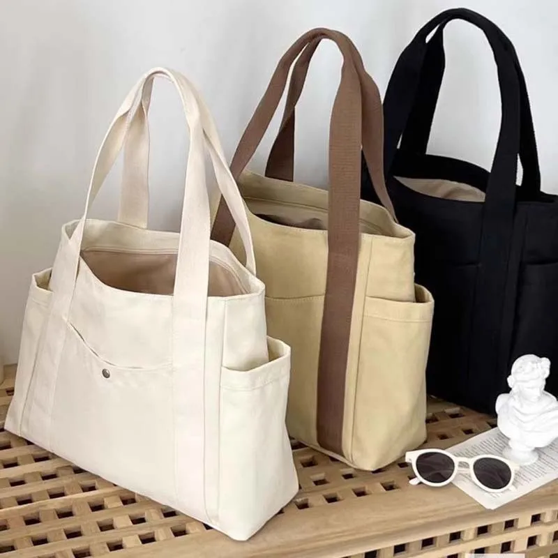 Color: Beige - Large Capacity Canvas Tote Bags For Work Commuting Carrying Handbag College Style Student Outfit Book Shoulder Bag Women Bags