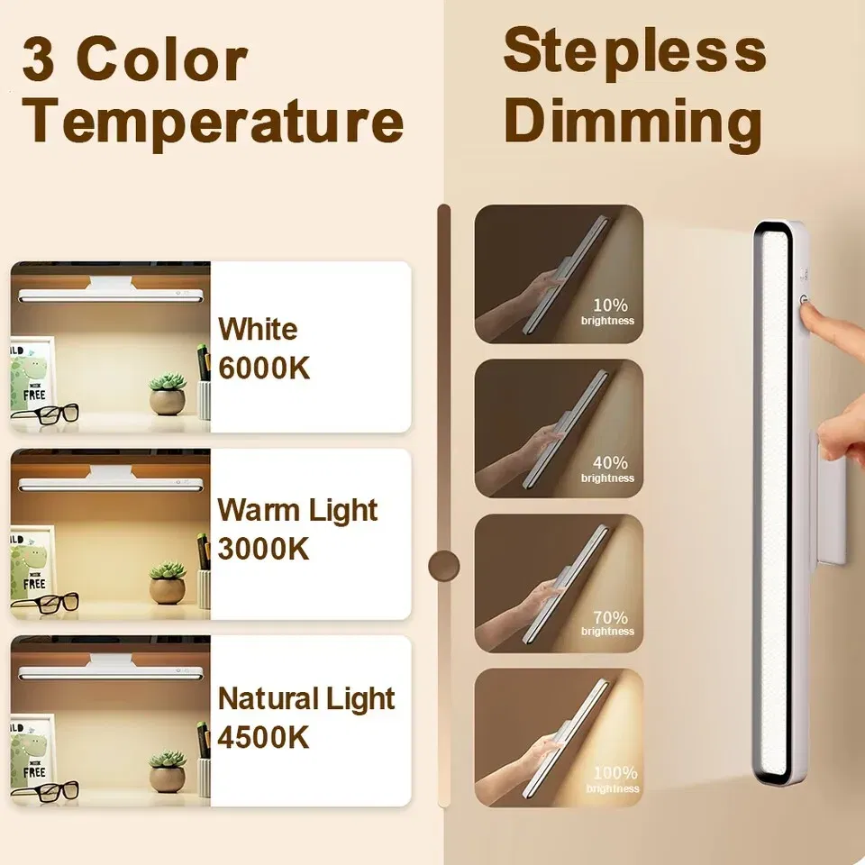 Body Color: Brown - LED Desk Lamp USB Rechargeable Light Stepless Dimming Table Lamp Hanging Magnetic Bedroom Table Reading Rechargeable Night Light