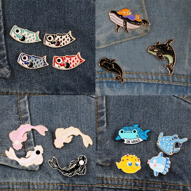 Metal color: Blue white zinc plated, Ships From: CHINA - Cartoon Fish Brooches Collection Fish Koi Flag Bag Clothes Decorative Jewelry Goldfish Shark Whale Brooch Lapel Enamel Pin Badge