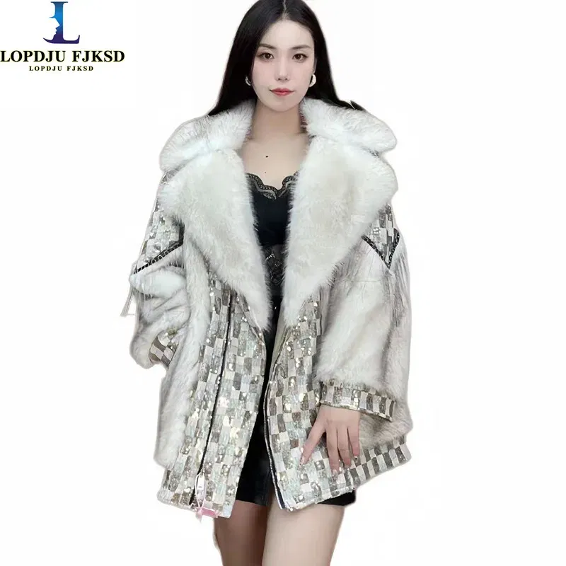 Color: black, Size: One Size - Women's Winter Faux Lamb Fur Coats, Sequins Spliced Long Jacket, Loose Thicken Warm Clothes, High Quality, Promotion, New, 2023