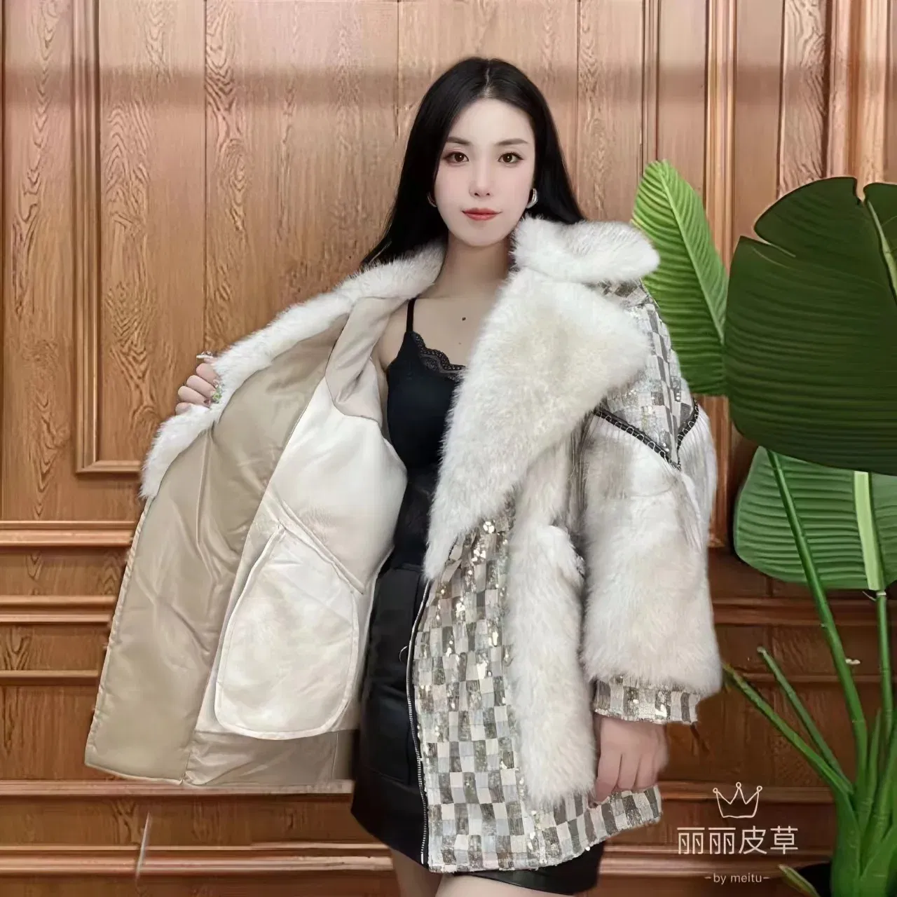 Color: black, Size: One Size - Women's Winter Faux Lamb Fur Coats, Sequins Spliced Long Jacket, Loose Thicken Warm Clothes, High Quality, Promotion, New, 2023