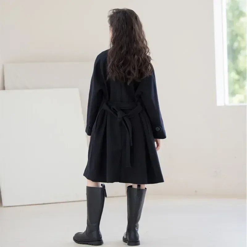 Color: GRAY, Kid Size: 3T - Winter Girls Wool Coat Long Double-faced Tweed Overcoat for Kids Fashion Casual Grey 10 12 14 Years Teenage Children Outerwear