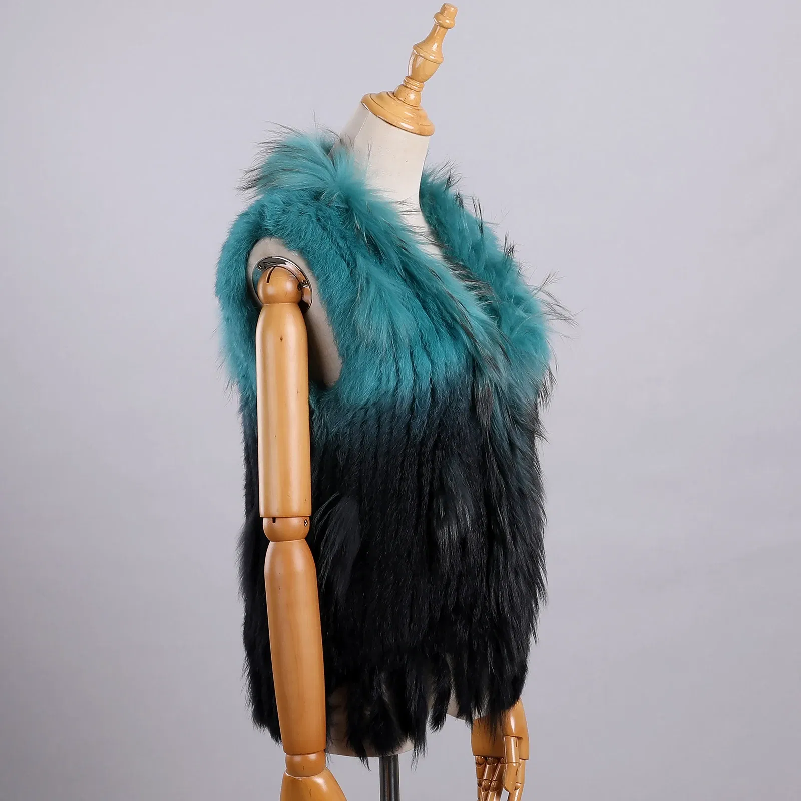 Color: Mint, Size: S - Luxury Women's Genuine Premium Long Hair Rabbit Fur Knit Vest Raccoon Fur Trim Gilet Lady Sleeveless Waistcoat Real Fur Jacket