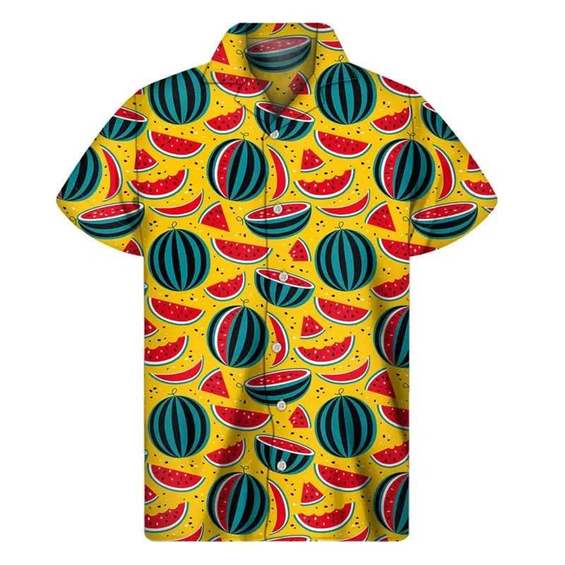 Color: PURPLE, Size: 4XL - Tropical Watermelon Graphic Hawaiian Shirt Summer Street Short Sleeves 3d Printed Fruits Button Shirts Men Clothes Lapel Blouse