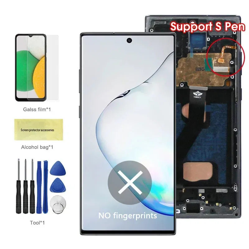Color: Blue Lotus, Ships From: CHINA - Top AMOLED Note 10 Plus Screen for Samsung Galaxy Note10+ N975F Lcd Display Touch Screen Support S Pen Fingerprints with Frame