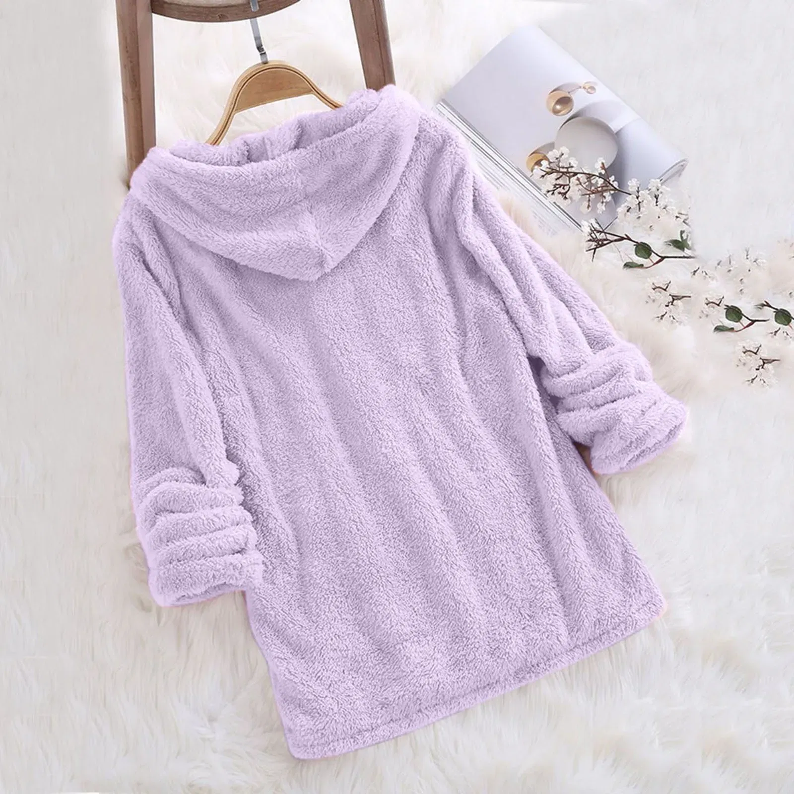 Color: Pink, Size: M, Ships From: CN - Women's Winter Casual Solid Color Plush Hooded Long Sleeve Pullover Thick Warm Fluffy Sweatshirts Blouse Oversized Loose Tops