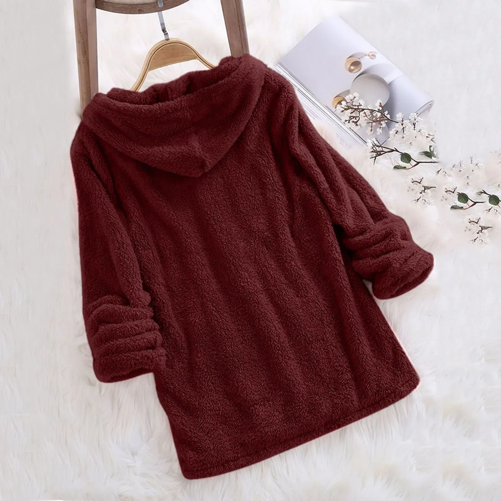 Color: Pink, Size: M, Ships From: CN - Women's Winter Casual Solid Color Plush Hooded Long Sleeve Pullover Thick Warm Fluffy Sweatshirts Blouse Oversized Loose Tops