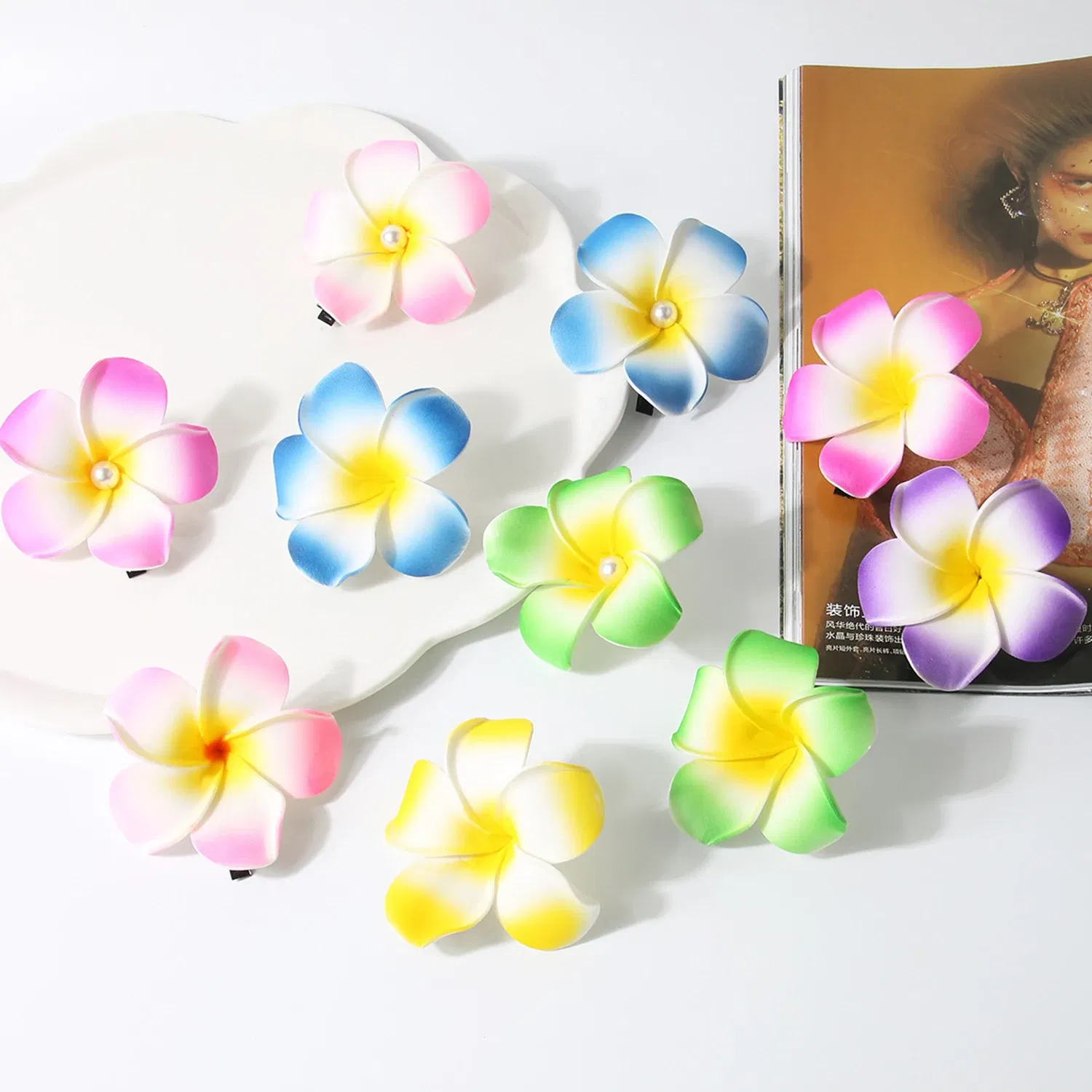 Color: black - 5.5/7/8/9cm Plumeria Flower Hair Clips For Girls Women Hairpins Egg Flower Barrette Hawaiian Wedding Artificial Headwear