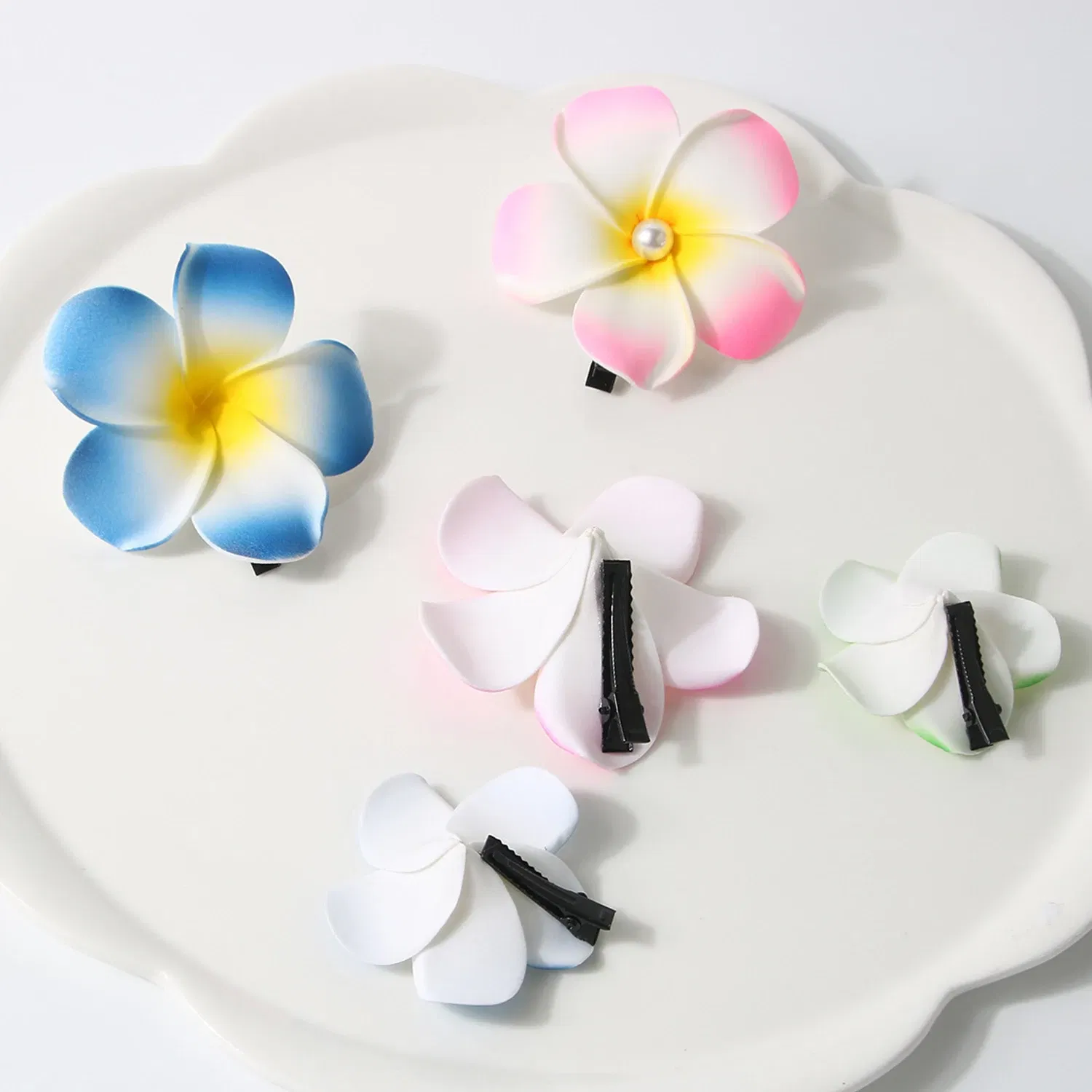 Color: black - 5.5/7/8/9cm Plumeria Flower Hair Clips For Girls Women Hairpins Egg Flower Barrette Hawaiian Wedding Artificial Headwear