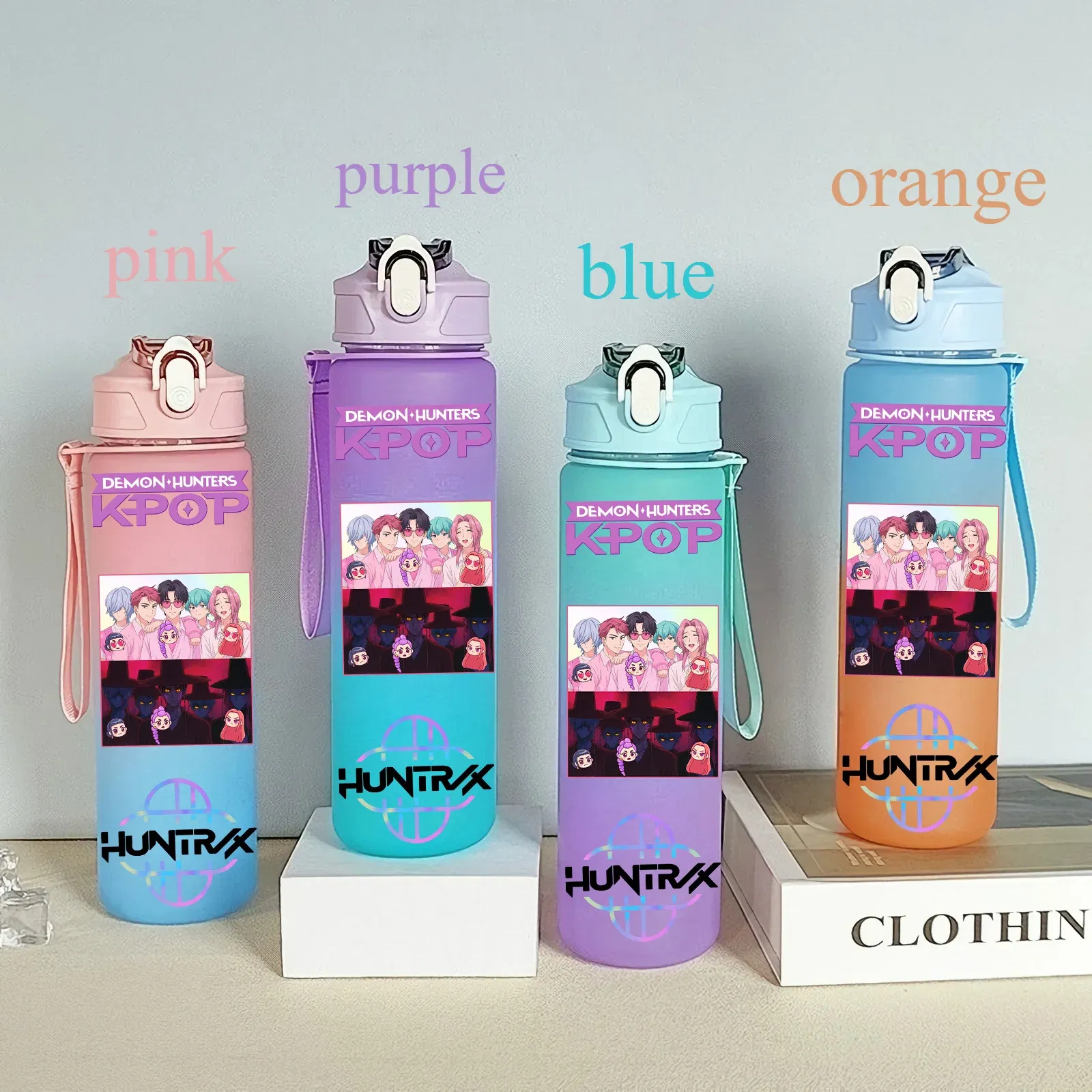 Color: SKY BLUE, Size: 12" - 750ML K-pop Demon Hunters HUNTR X Rumi Mira Zoey Jinu Celine Kpop Plastic Water Cup K Pop Drinking Bottle School Huntrix Gourde